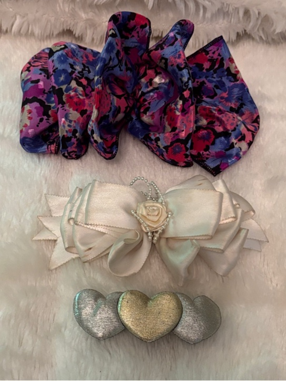 Girls Floral Purple & Pink hair clip, White Bow and Silver Heart Clip Set